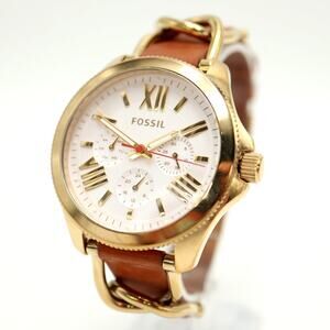 Fossil Cecile Womens Gold Tone Calendar 40mm Watch Brown Leather w New Battery